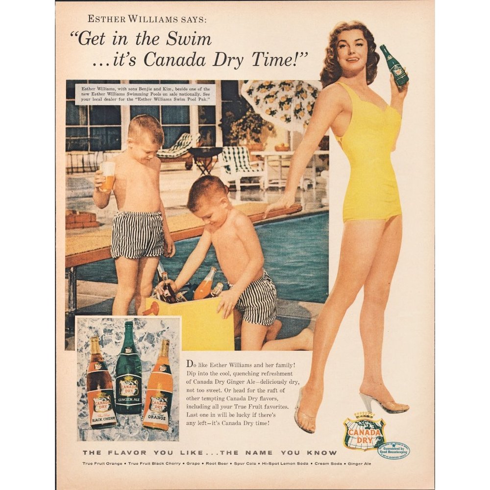 1956 Canada Dry Ginger Ale True Fruit Flavors Vintage Print Ad Pool Summer Art